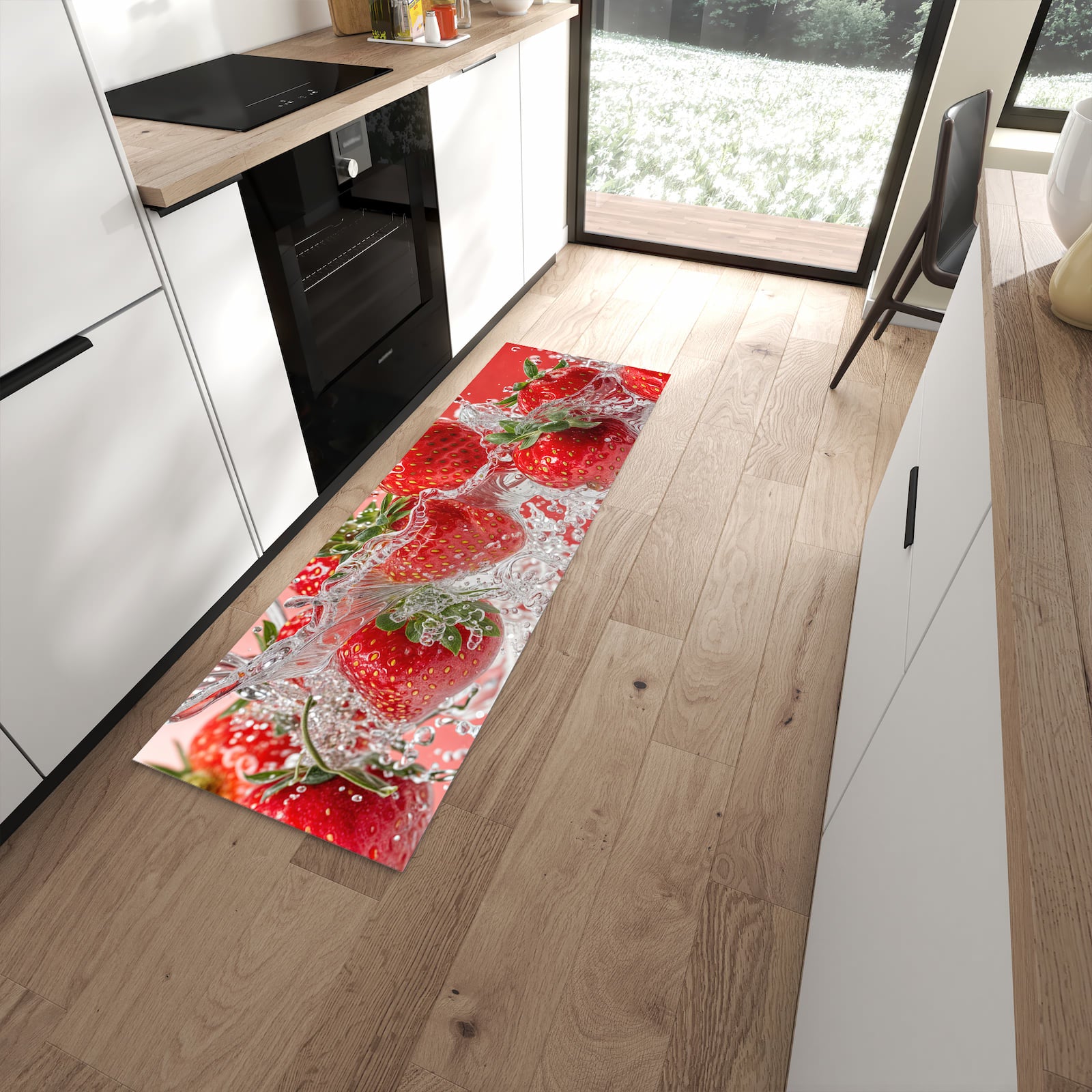 UV-beständiger Küchenläufer mit Motiv Erdbeerspritzer in moderner Küche