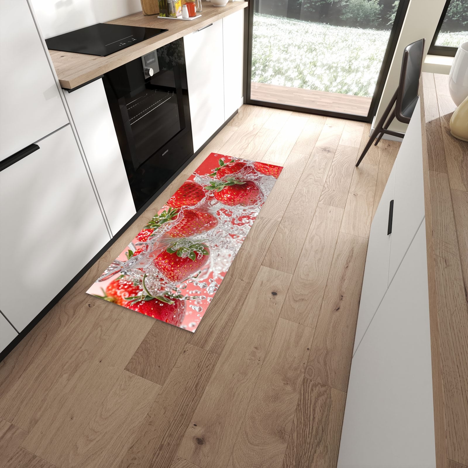 Abriebfester rutschfester Küchenläufer mit Motiv Erdbeerspritzer in moderner Küche #grösse_60 x 150 cm