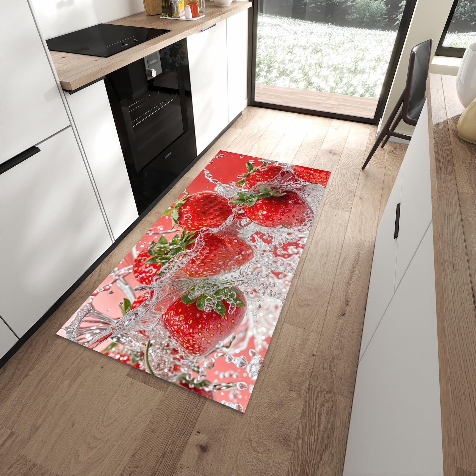 Komfortabler Küchenteppich mit Motiv Erdbeerspritzer in moderner Küche