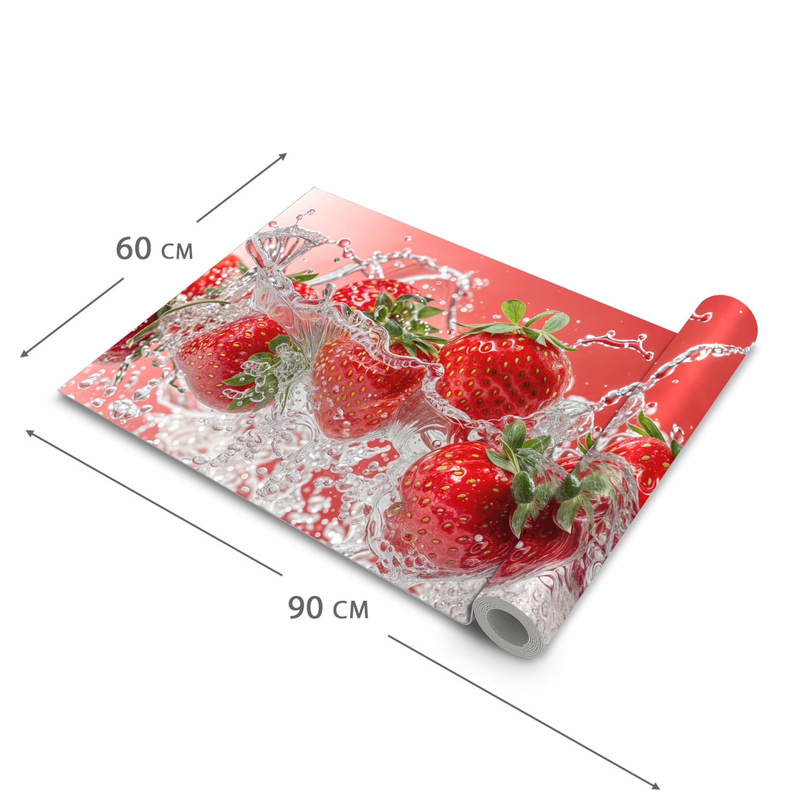 Bodenschonender waschbarer Teppich fürs Esszimmer mit Motiv Erdbeerspritzer in der Grösse 60x150 cm