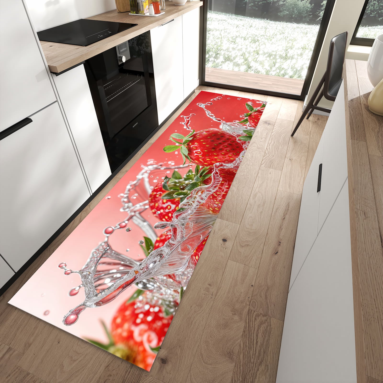 Flacher Küchenteppich mit Motiv Erdbeerspritzer in moderner Küche