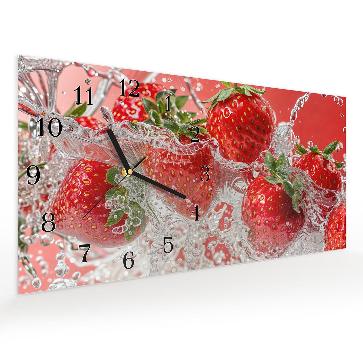Vormontiert – mit Schwebeeffekt – Wanduhr Erdbeerspritzer aus Glas – Querformat 60 × 30 cm