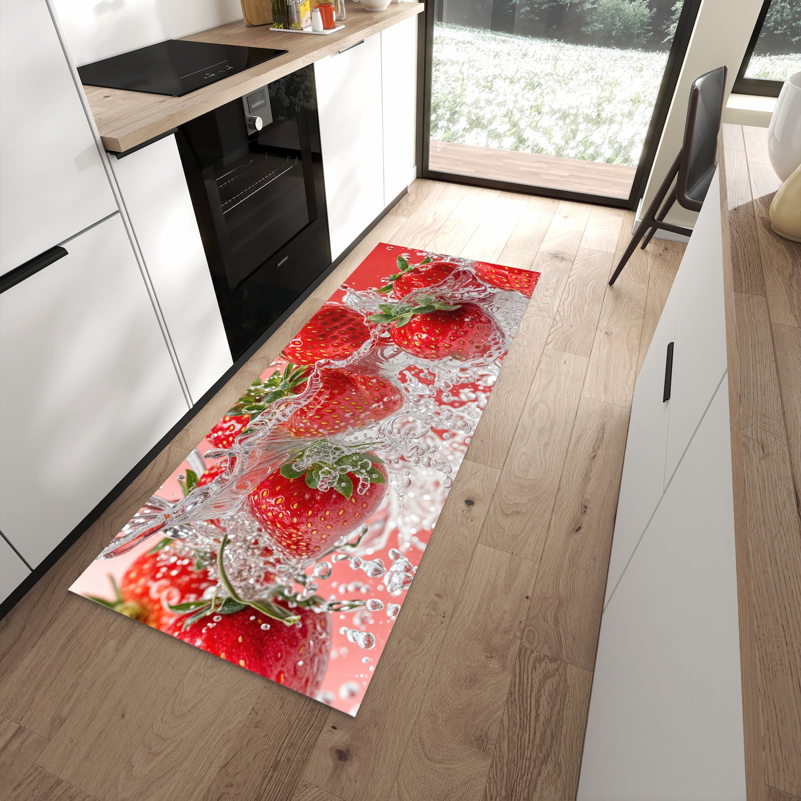Geruchsneutraler abwaschbarer Küchenteppich mit Motiv Erdbeerspritzer in moderner Küche