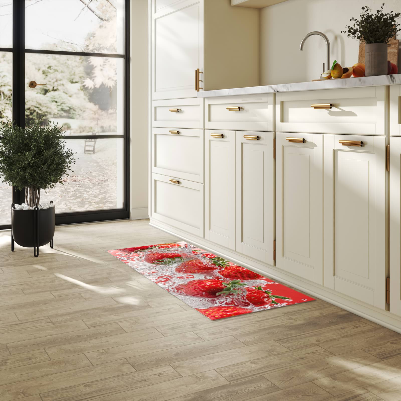 Hygienischer moderner Küchenläufer mit Motiv Erdbeerspritzer in heller Küche