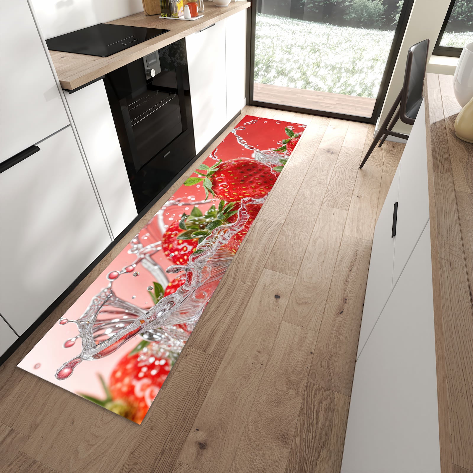 Wasserabweisender Küchenläufer mit Motiv Erdbeerspritzer in moderner Küche
