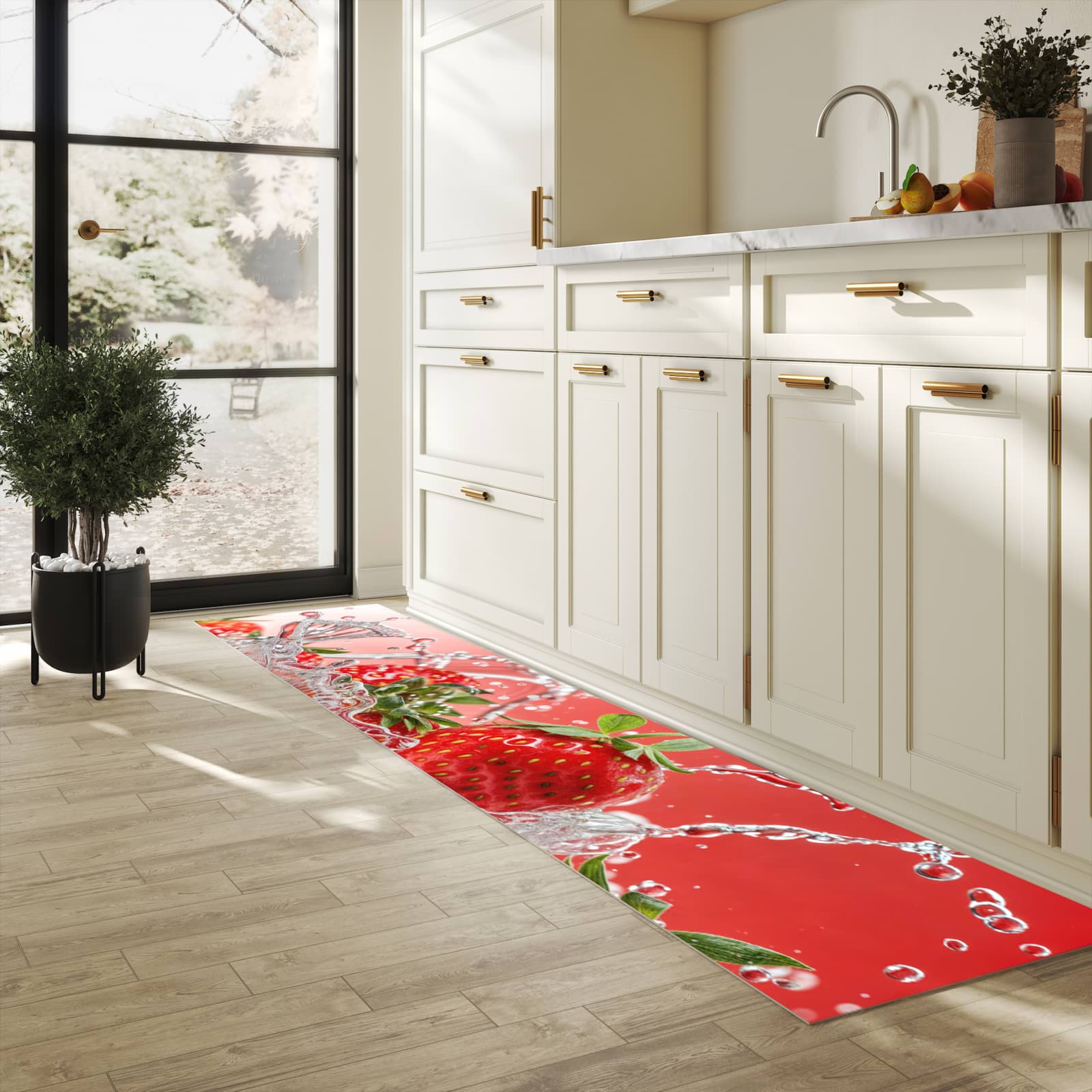 Rutschfester Küchenteppich mit Motiv Erdbeerspritzer in heller Küche