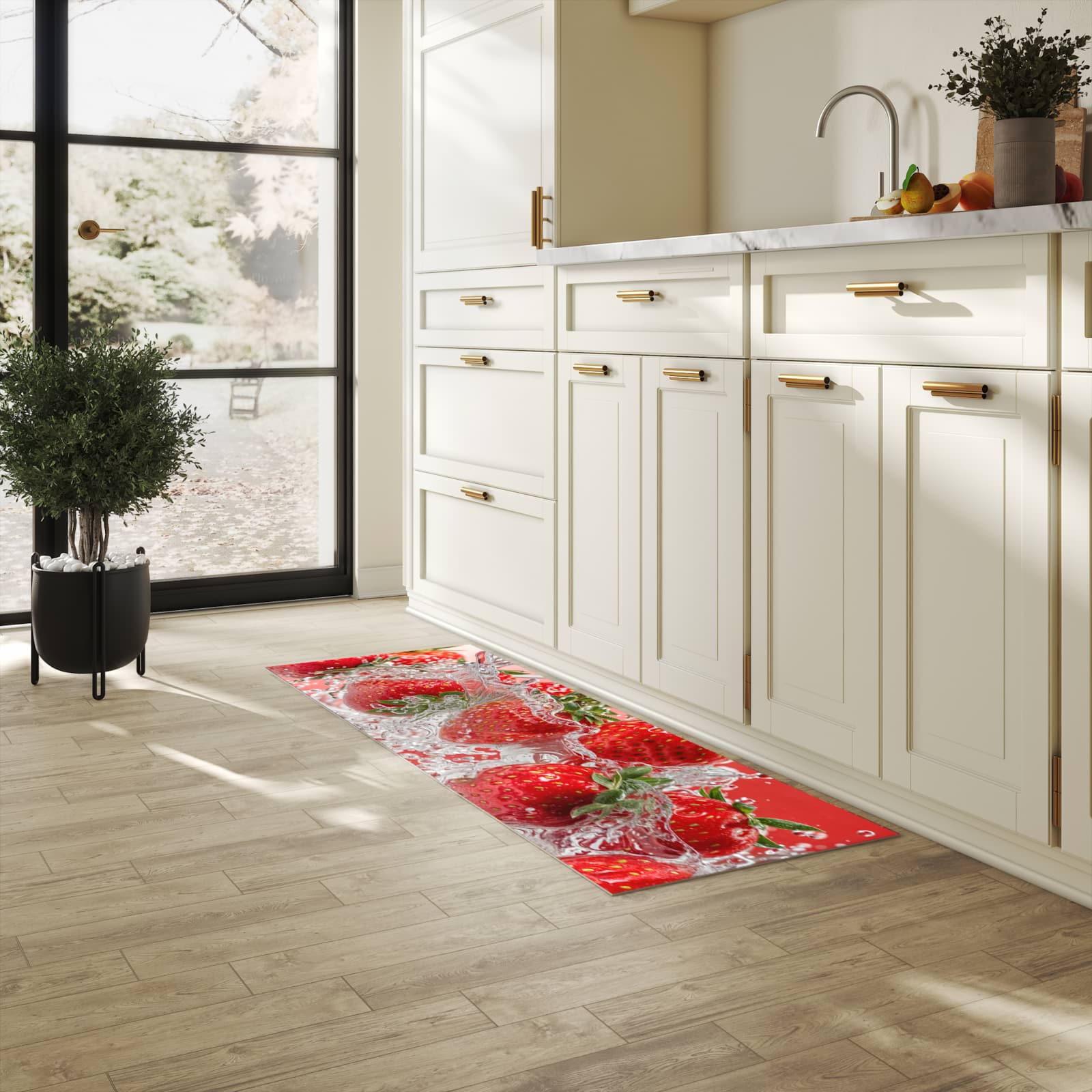 Strapazierfähiger abwaschbarer Küchenläufer mit Motiv Erdbeerspritzer in heller Küche