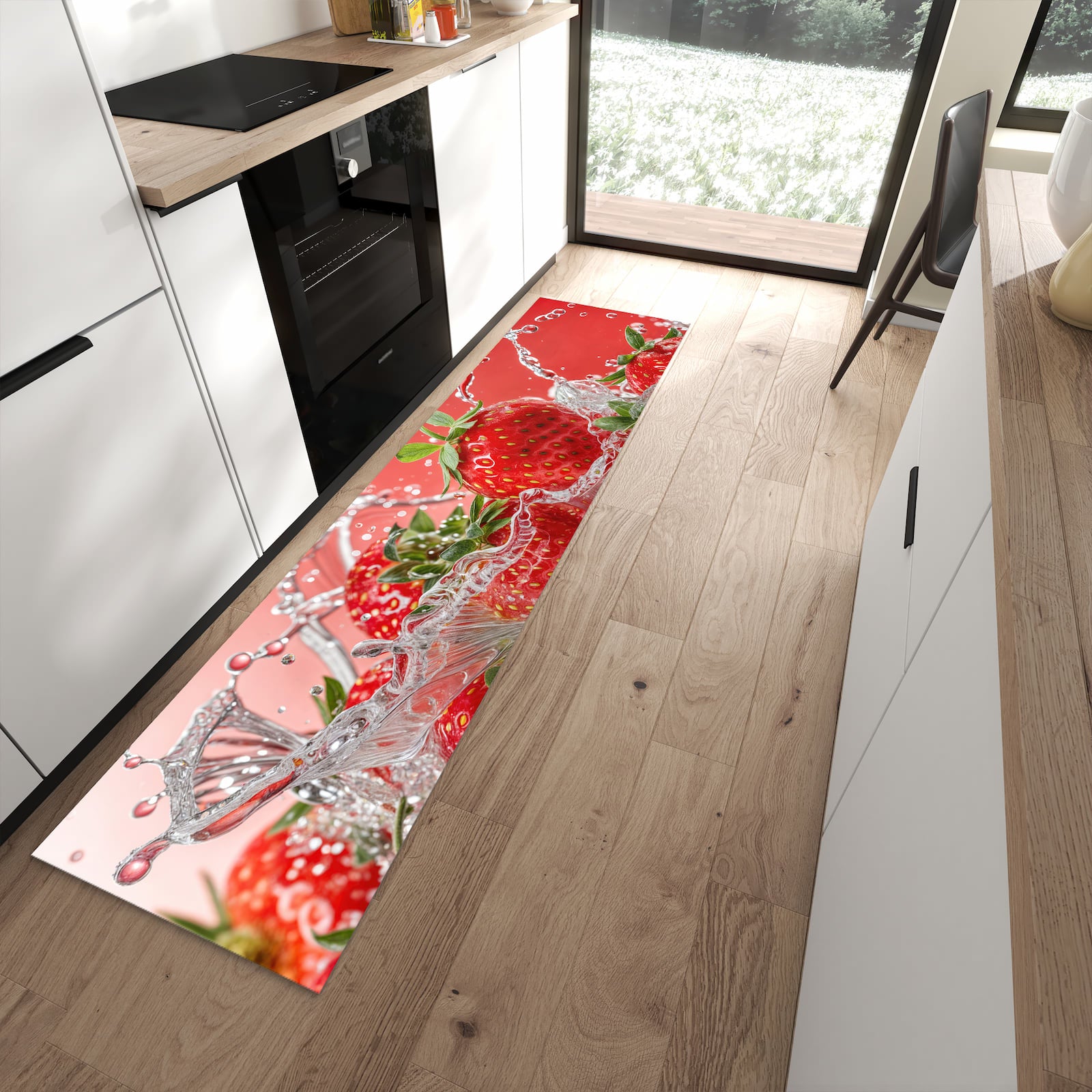 Komfortabler Küchenläufer nach Maß mit Motiv Erdbeerspritzer in moderner Küche
