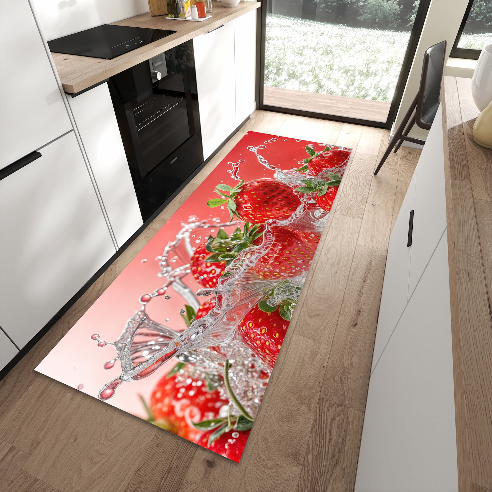 Rutschfester Küchenteppich mit Motiv Erdbeerspritzer in moderner Küche