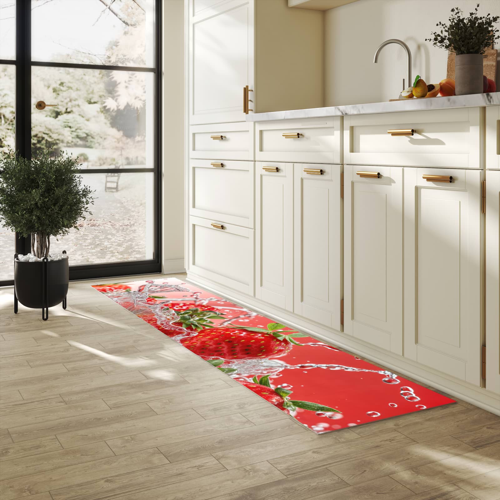 Langlebiger Küchenläufer mit Motiv Erdbeerspritzer in heller Küche