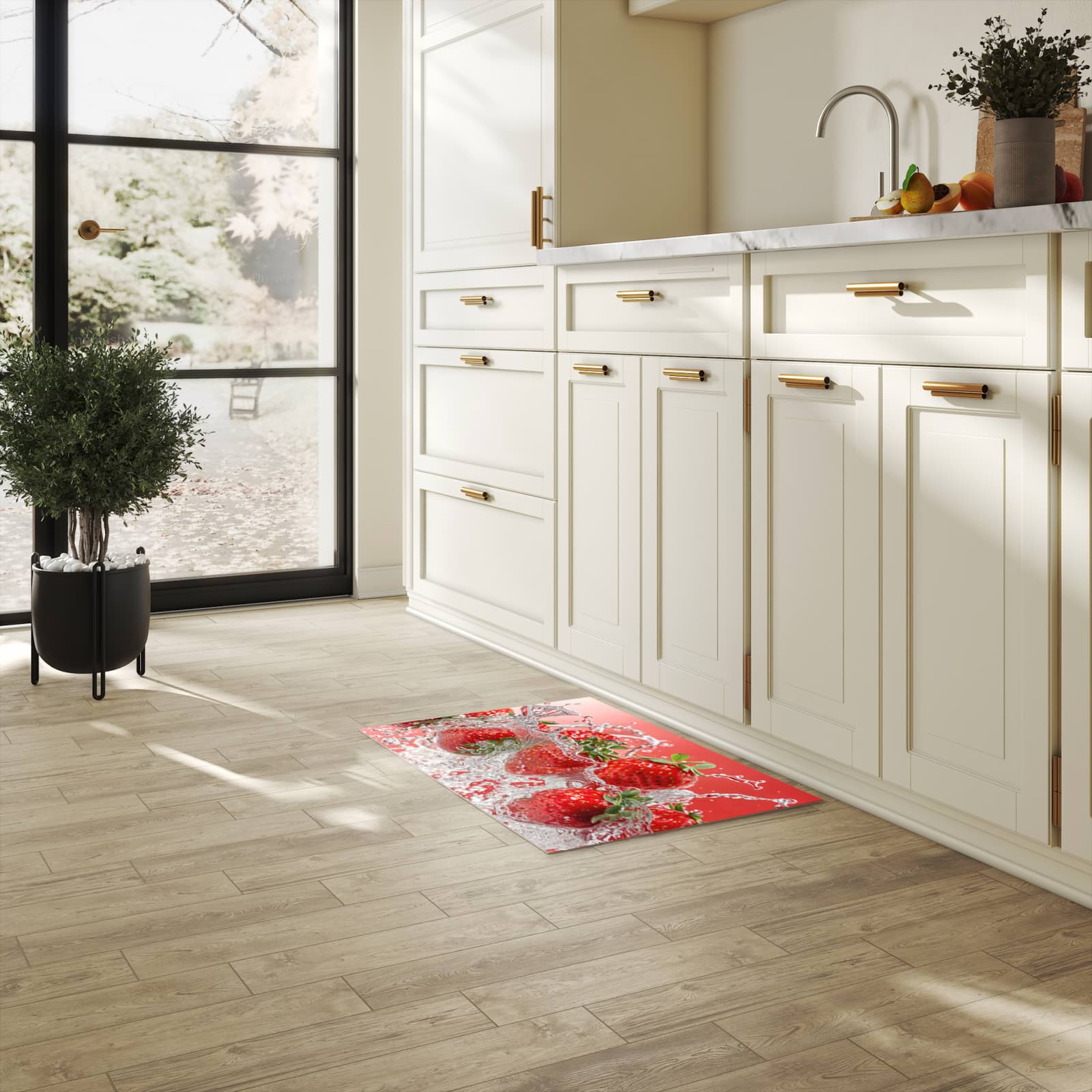 Feuchtigkeitsresistenter Teppich für Küche mit Motiv Erdbeerspritzer in heller Küche