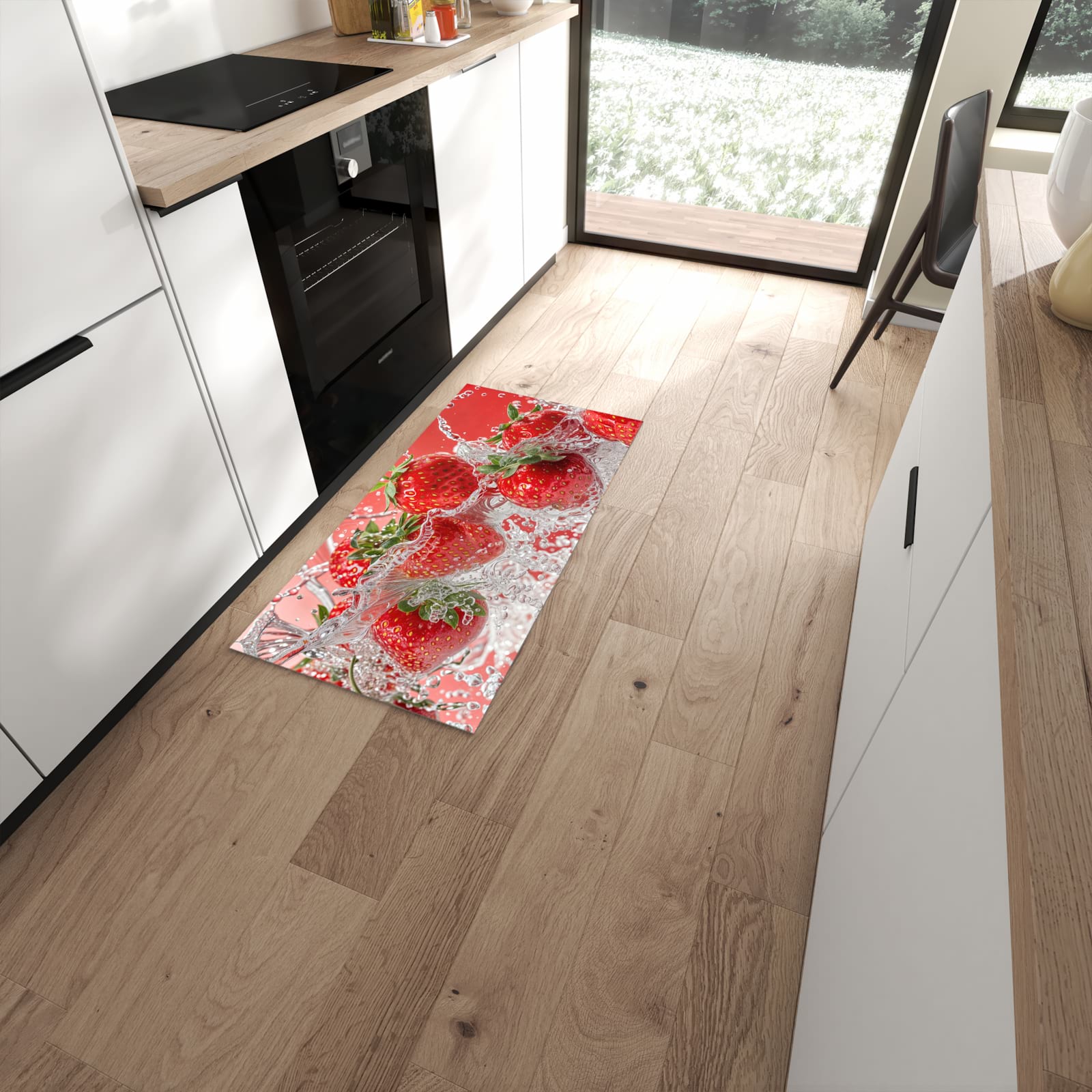 Geräuschdämpfender waschbarer Küchenläufer mit Motiv Erdbeerspritzer in moderner Küche #grösse_60 x 120 cm