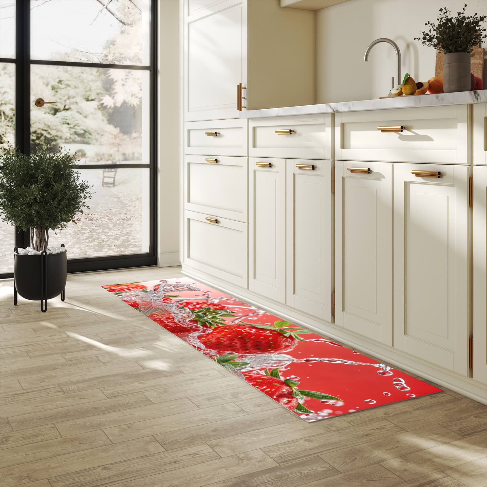 Abwaschbarer Küchenteppich mit Motiv Erdbeerspritzer in heller Küche