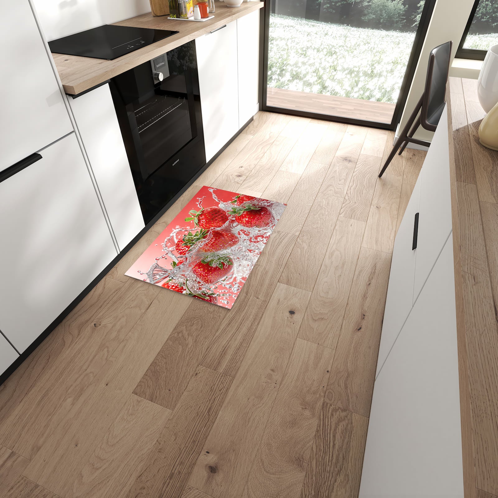 Schmutzabweisender Küchenläufer mit Motiv Erdbeerspritzer in moderner Küche