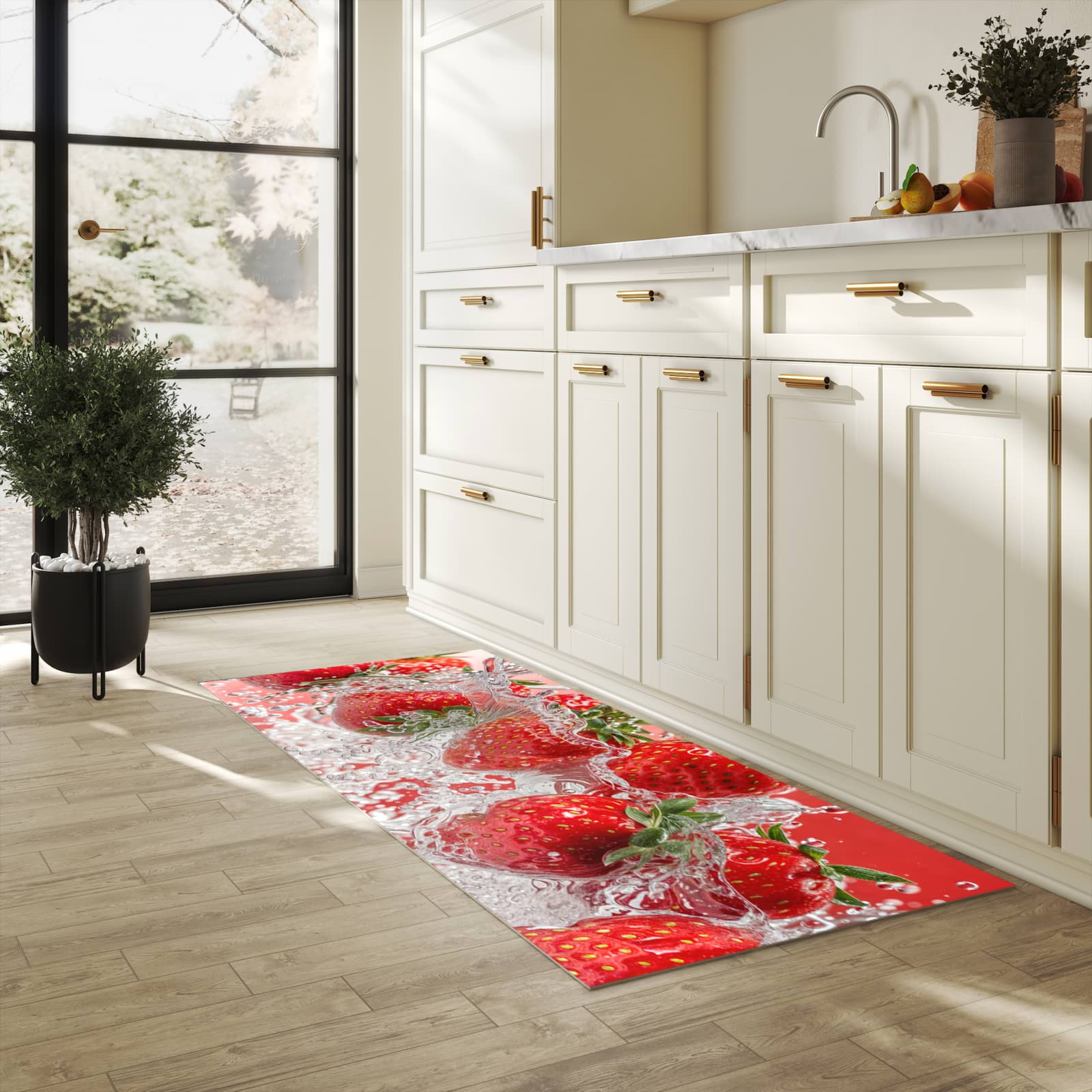 Bodenschonender Küchenteppich mit Motiv Erdbeerspritzer in heller Küche