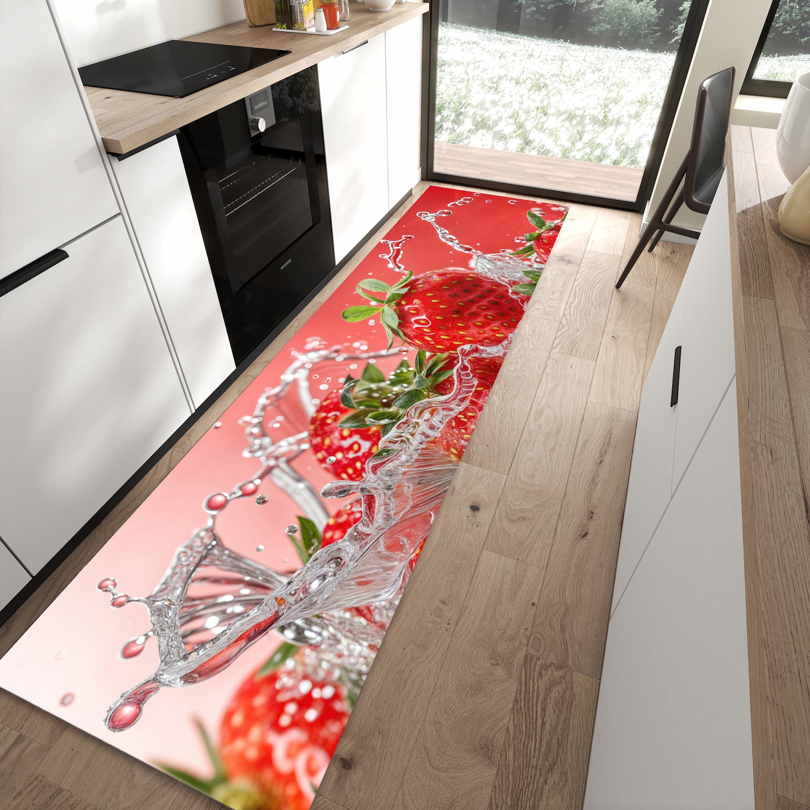 Pflegeleichter Teppich für Küche mit Motiv Erdbeerspritzer in moderner Küche