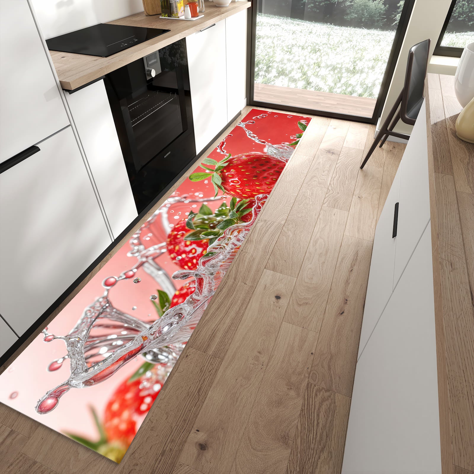 Fleckenresistenter moderner Küchenläufer mit Motiv Erdbeerspritzer in moderner Küche