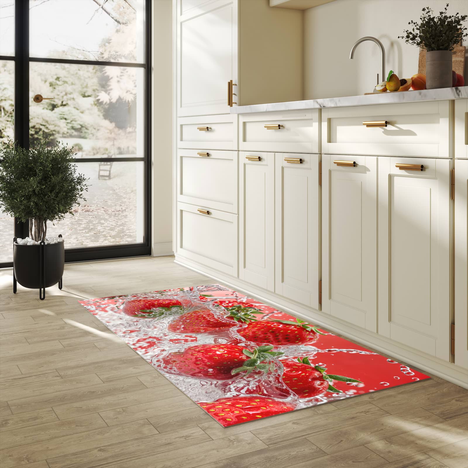Formstabiler Küchenteppich mit Motiv Erdbeerspritzer in heller Küche
