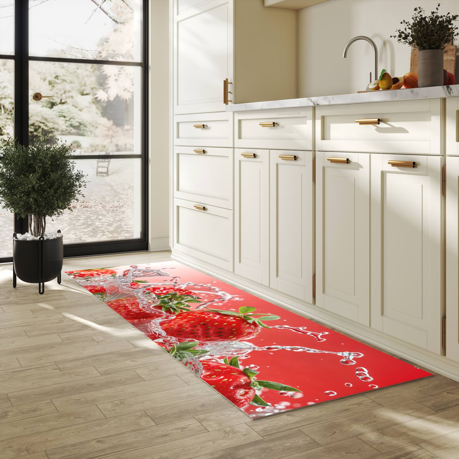 Küchenteppich mit Motiv Erdbeerspritzer für Ordnung in heller Küche
