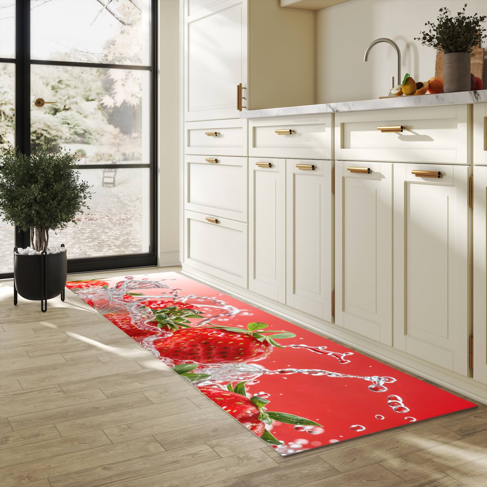 Bodenschonender Küchenteppich mit Motiv Erdbeerspritzer in heller Küche
