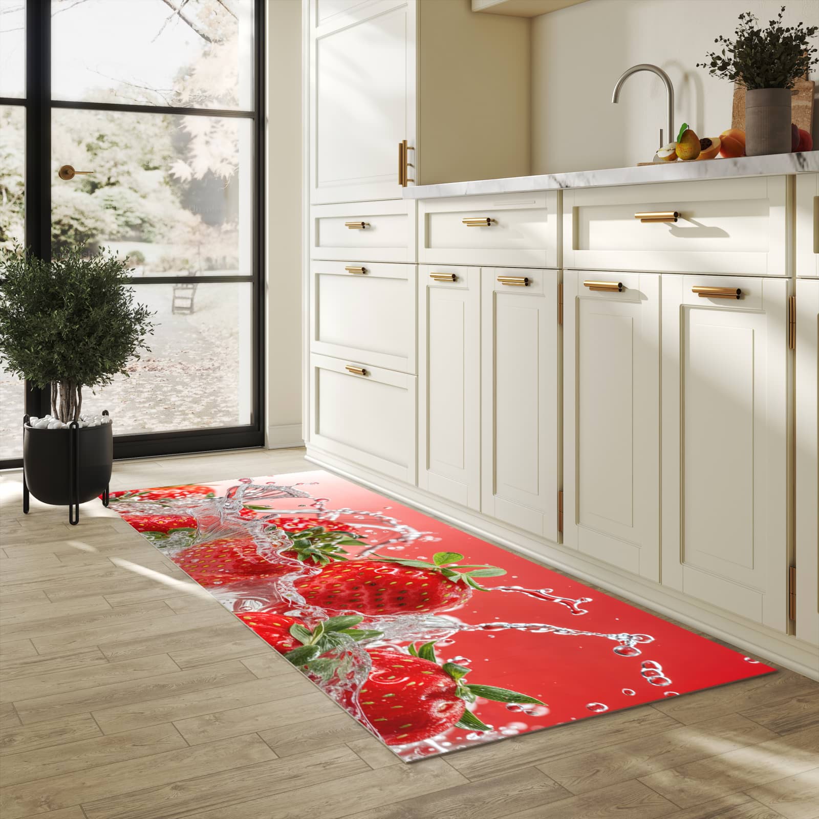 Küchenläufer mit Motiv Erdbeerspritzer in heller Küche für sichere Aufbewahrung