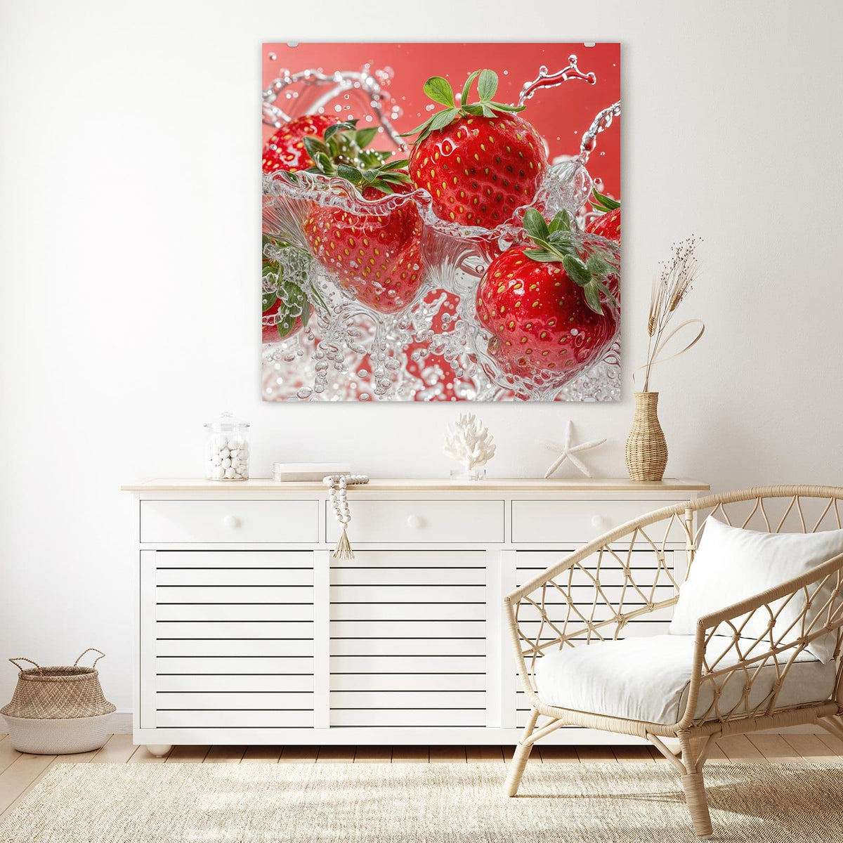 Echtglas, 4 mm – kein Acryl, keine Folie – Wandbild - Erdbeerspritzer - Quadratisch
