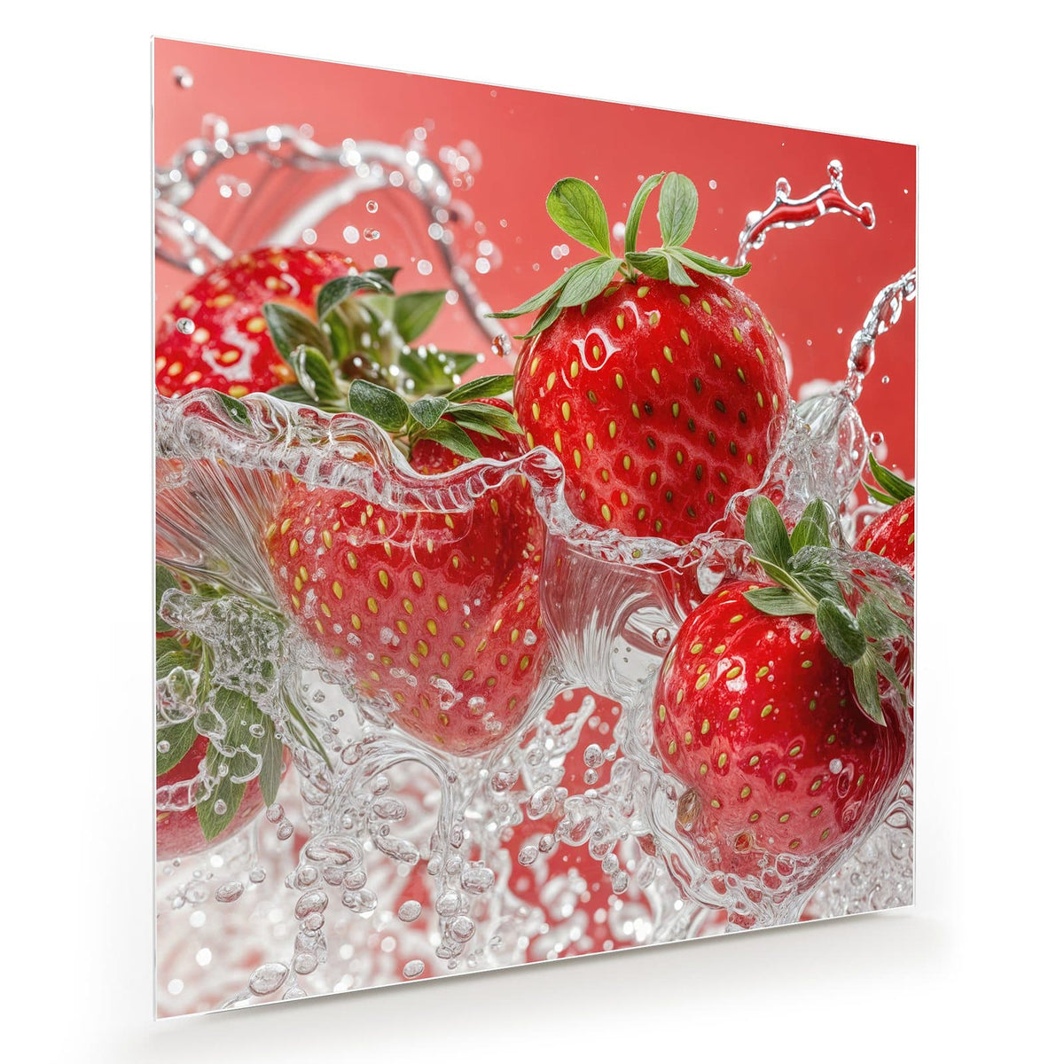 Erdbeeren tauchen vor rotem Hintergrund in aufspritzendes Wasser