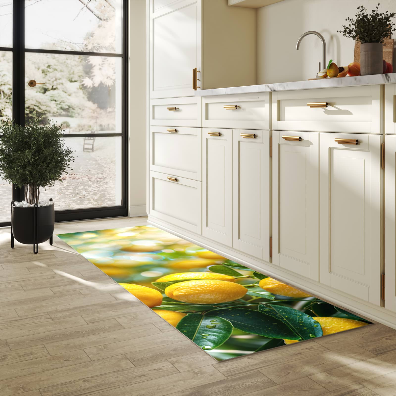 Flacher rutschfester Küchenläufer mit Motiv Zitronenbaumstrauch in heller Küche