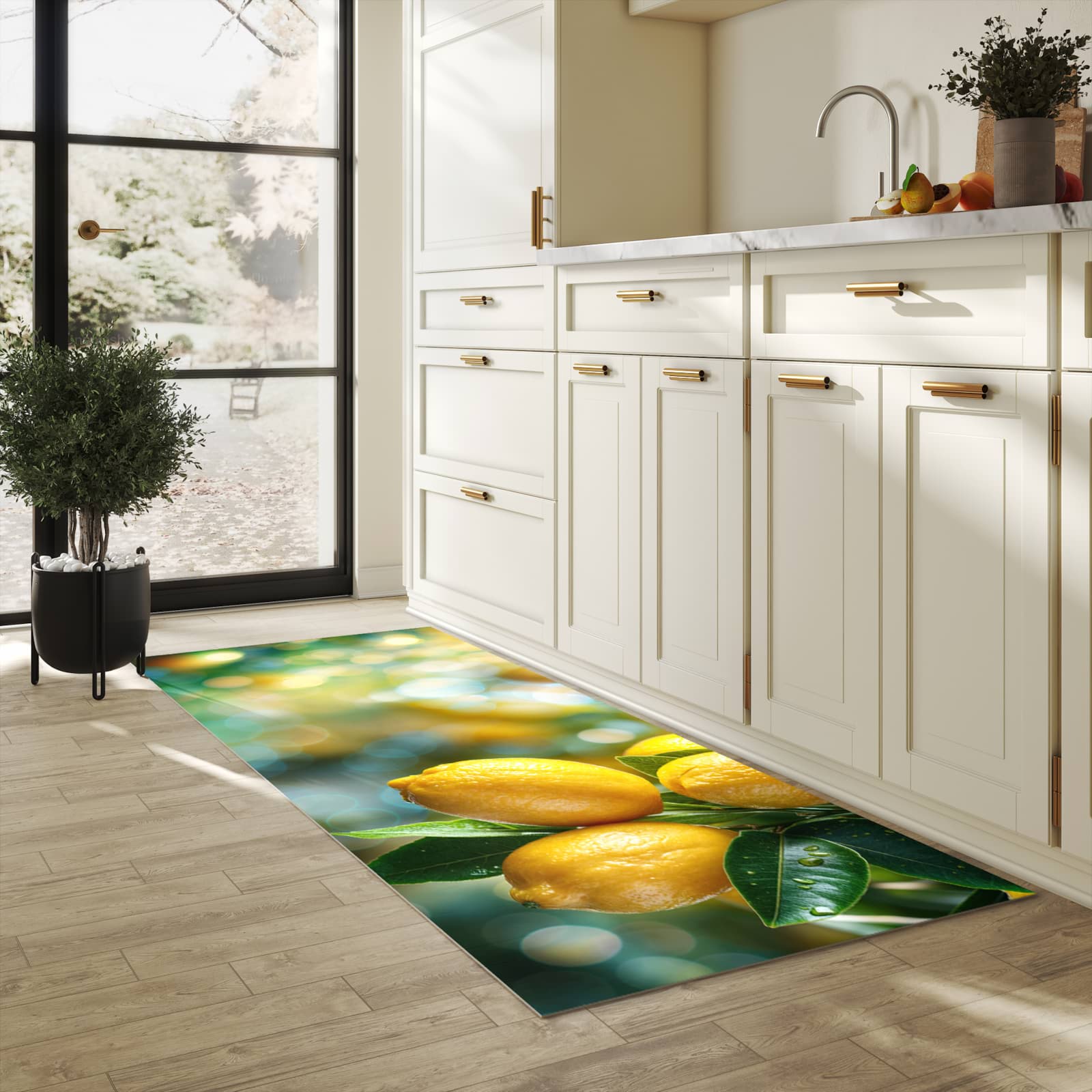 Pflegeleichter Küchenläufer nach Maß mit Motiv Zitronenbaumstrauch in heller Küche