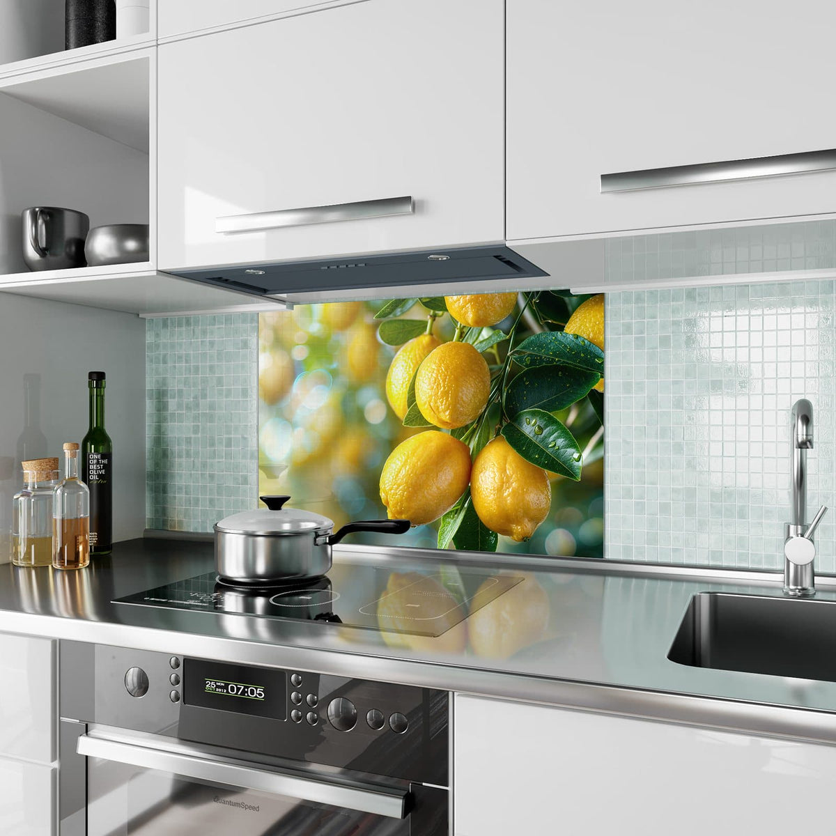 Küchenrückwand aus Glas Zitronen im Blattwerk im Hochformat als Spritzschutz hinter dem Kochfeld, über dem Fliesenspiegel montiert