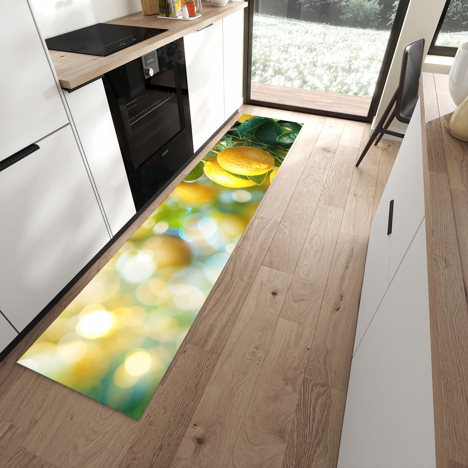 Rutschfester großer Küchenteppich mit Motiv Zitronenbaumstrauch in moderner Küche
