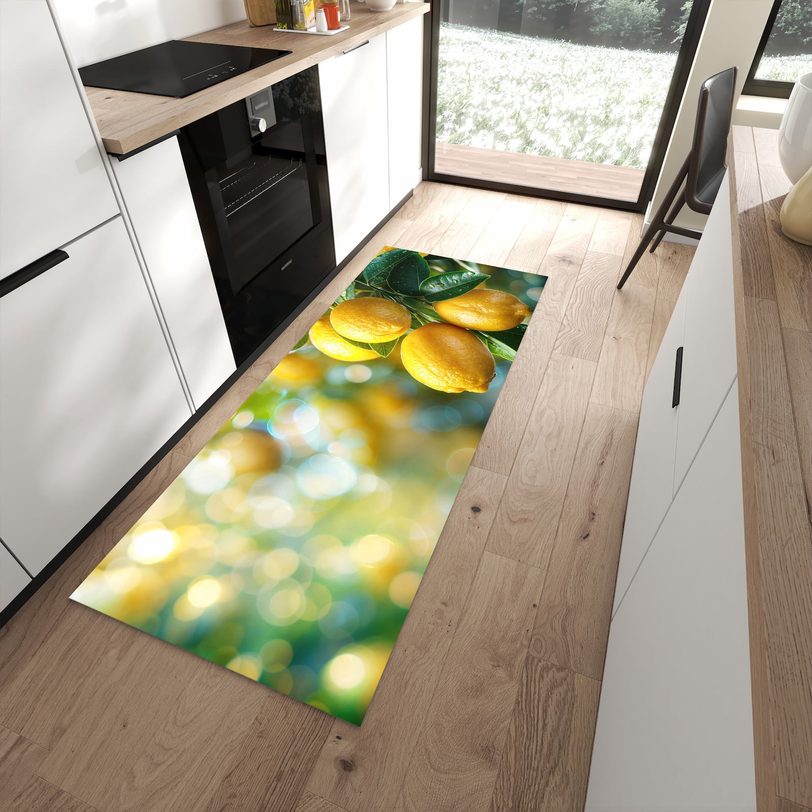 Küchenteppich mit Motiv Zitronenbaumstrauch für Ordnung in moderner Küche