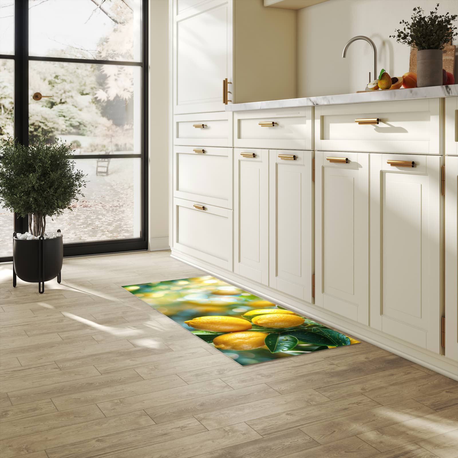UV-beständiger Küchenteppich mit Motiv Zitronenbaumstrauch in heller Küche