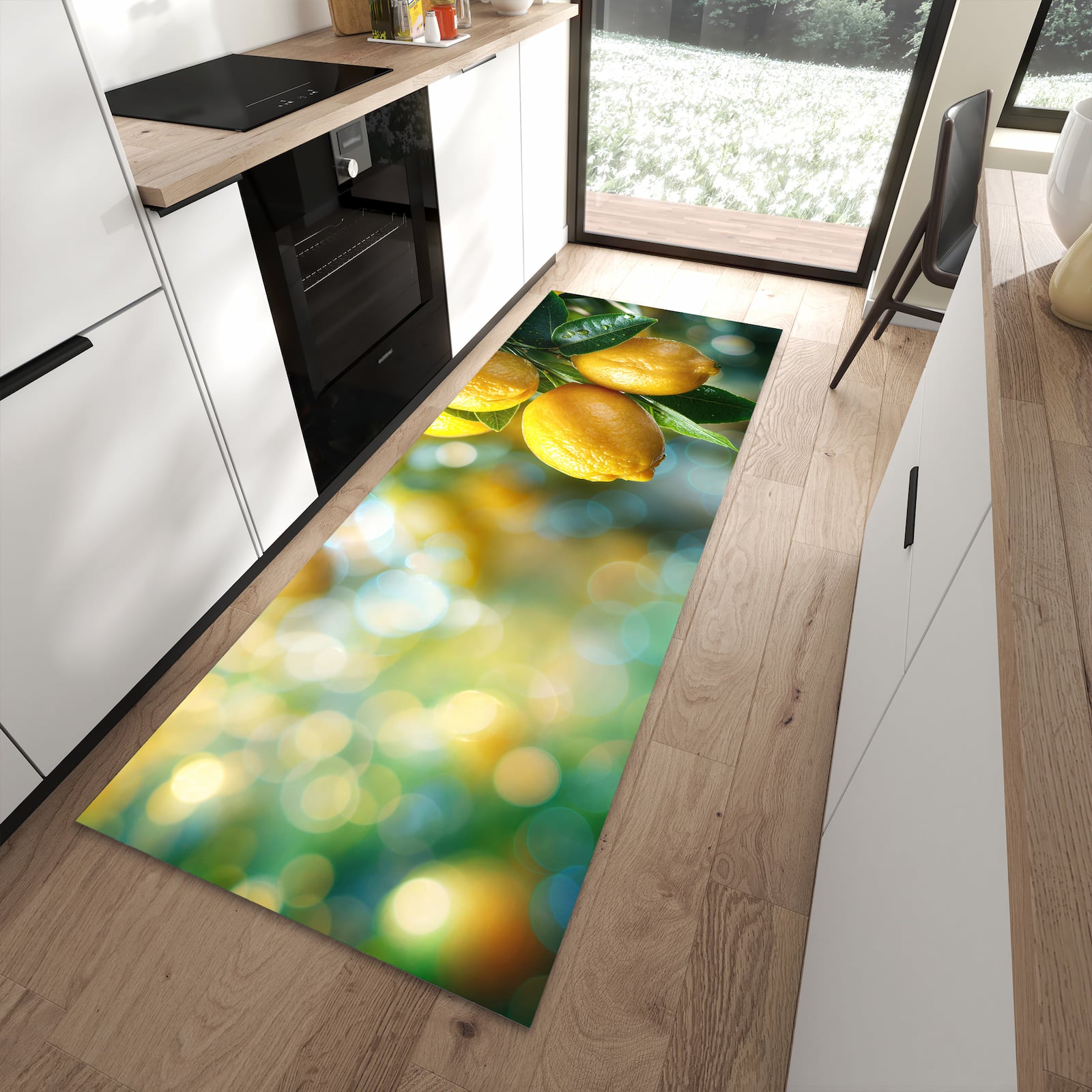 Zeitsparender rutschfester Küchenläufer mit Motiv Zitronenbaumstrauch in moderner Küche