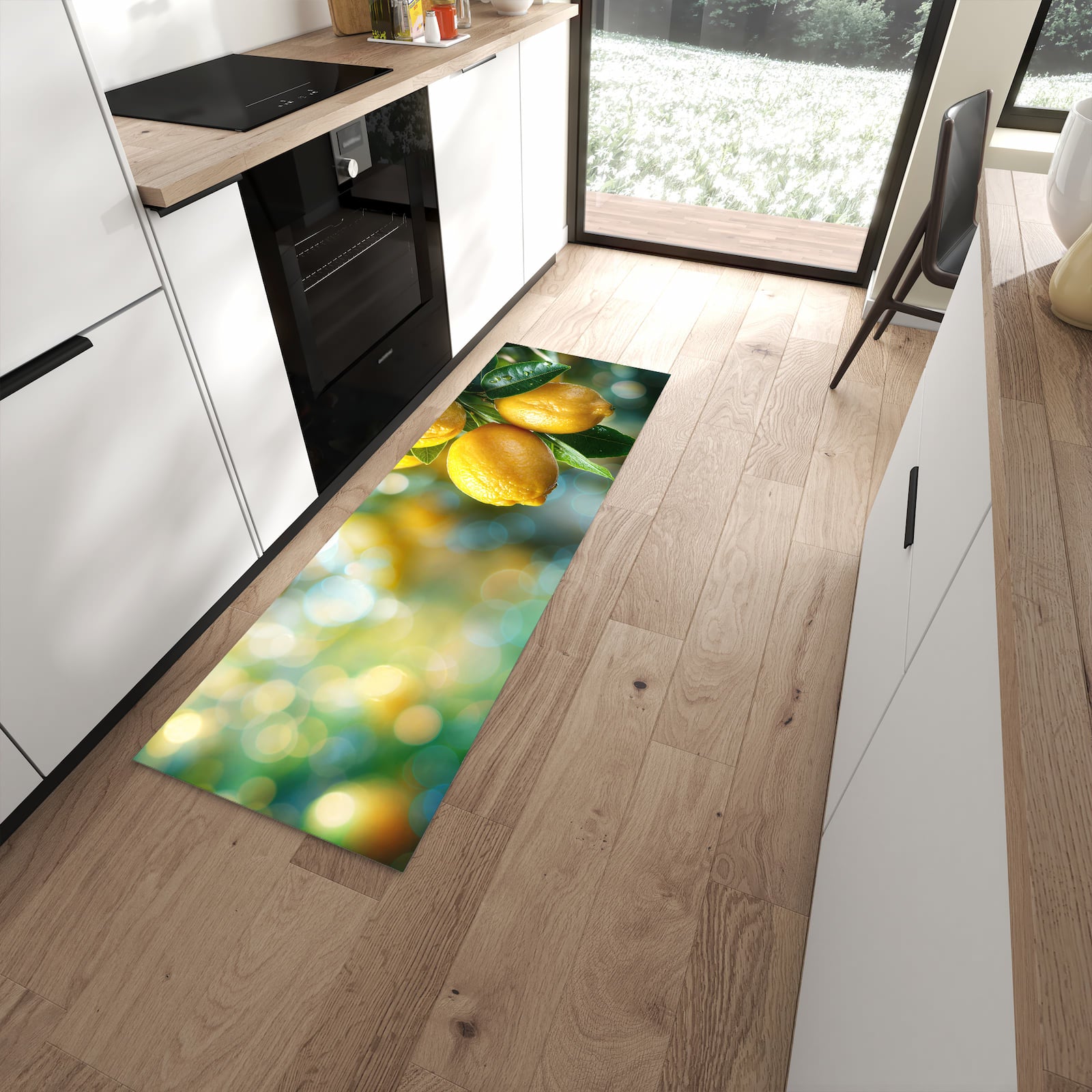 Waschbarer Küchenteppich mit Motiv Zitronenbaumstrauch in moderner Küche