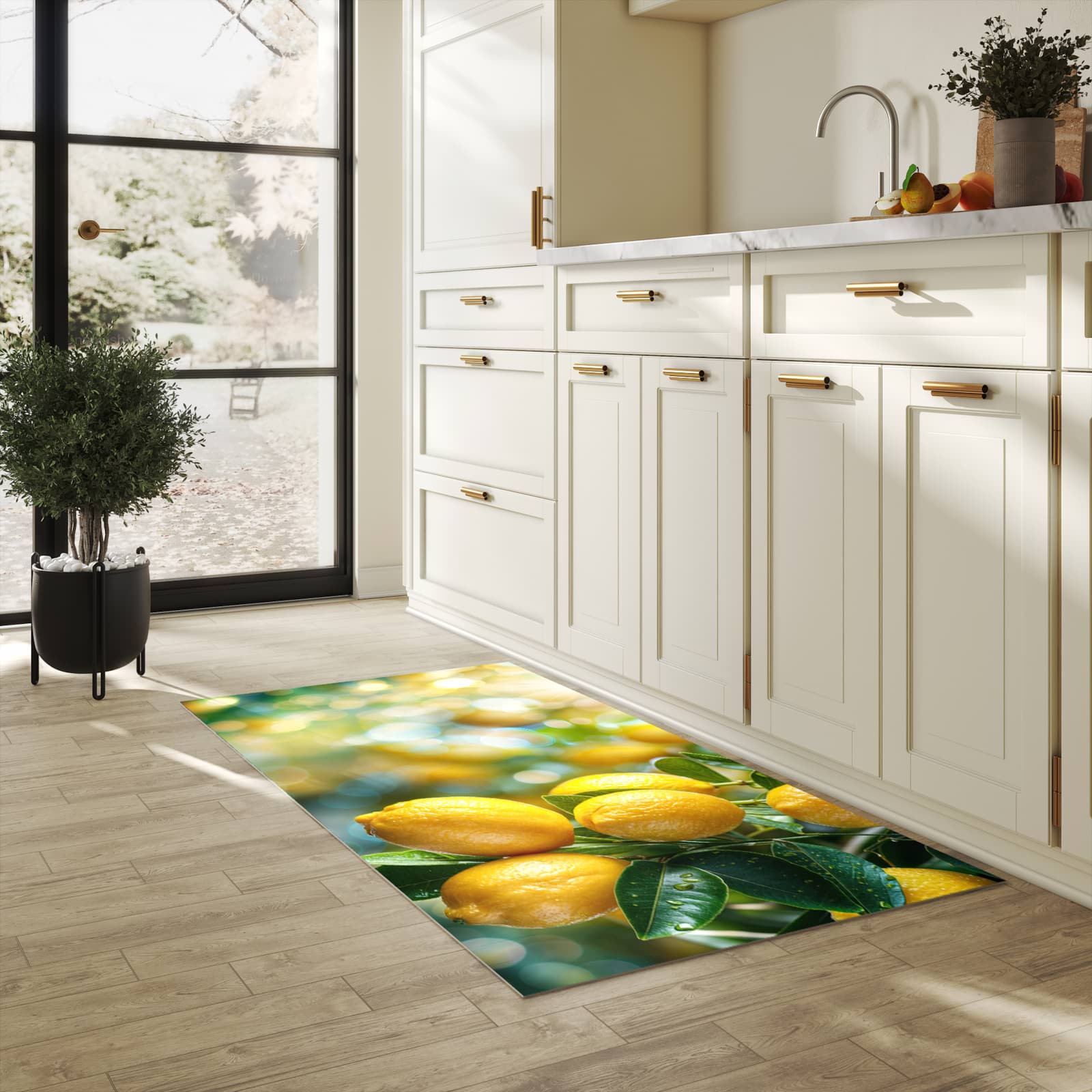 Rutschfester Küchenläufer mit Motiv Zitronenbaumstrauch in heller Küche