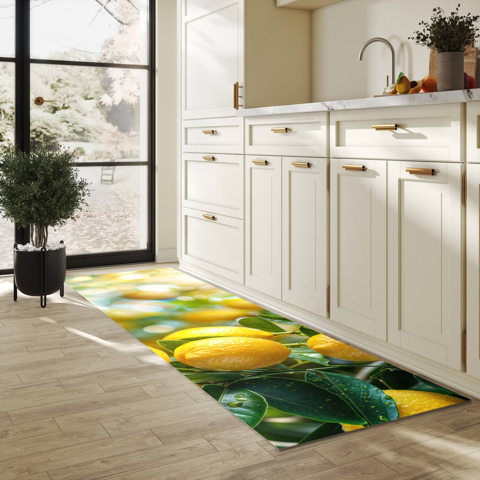 Pflegeleichter waschbarer Küchenläufer mit Motiv Zitronenbaumstrauch in heller Küche