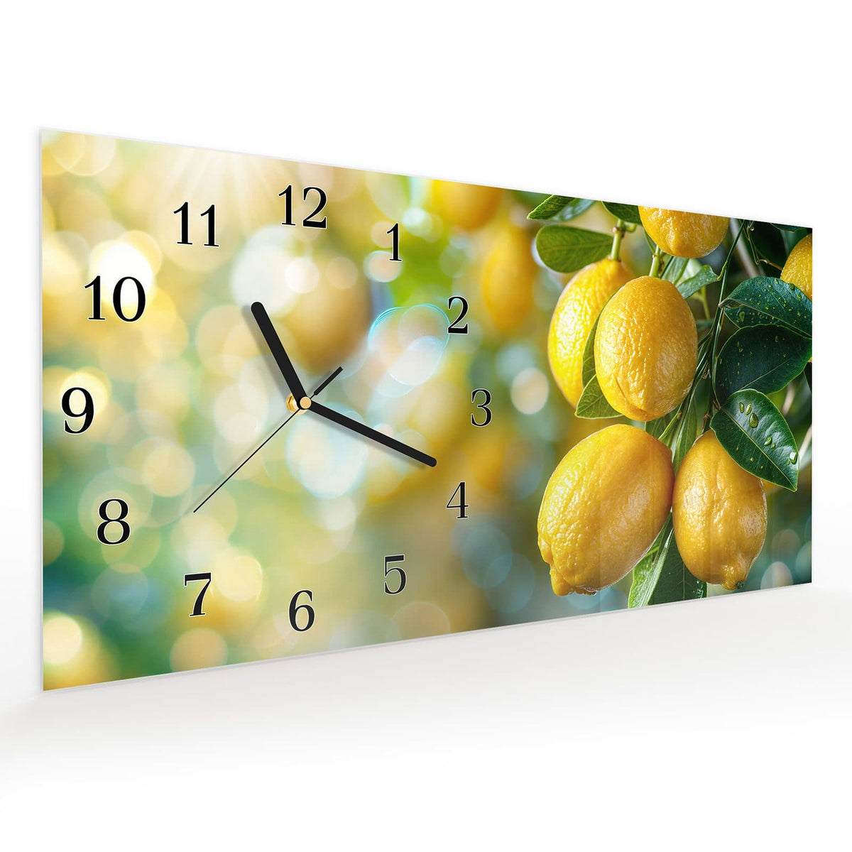 Vormontiert – mit Schwebeeffekt – Wanduhr Zitronenbaumstrauch aus Glas – Querformat 60 × 30 cm
