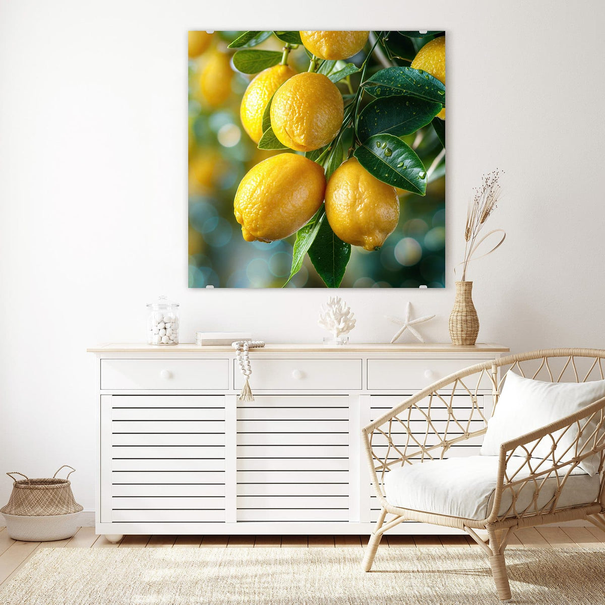 Echtglas, 4 mm – kein Acryl, keine Folie – Wandbild - Zitronen im Blattwerk - Quadratisch