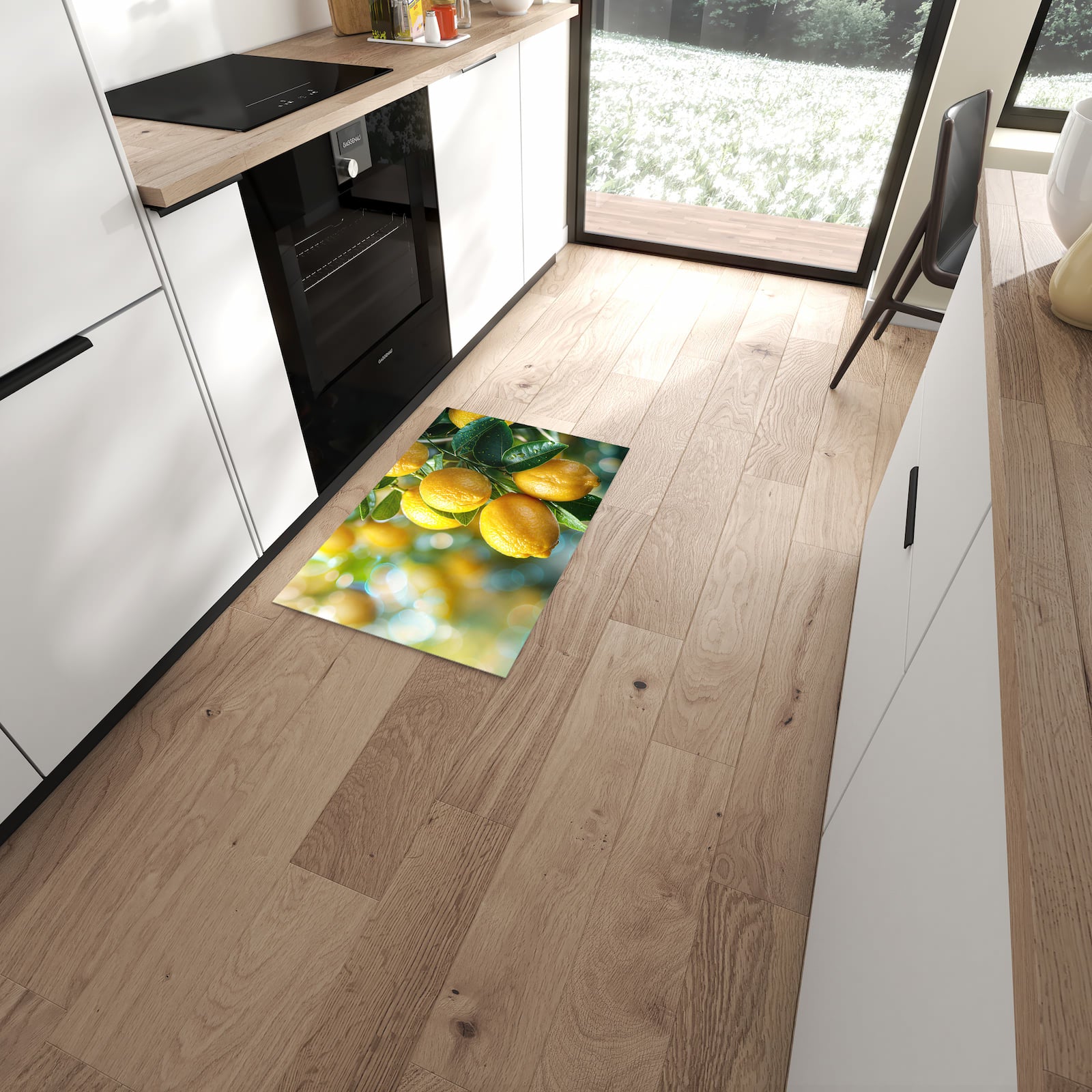 Bodenschonender Küchenteppich mit Motiv Zitronenbaumstrauch in moderner Küche
