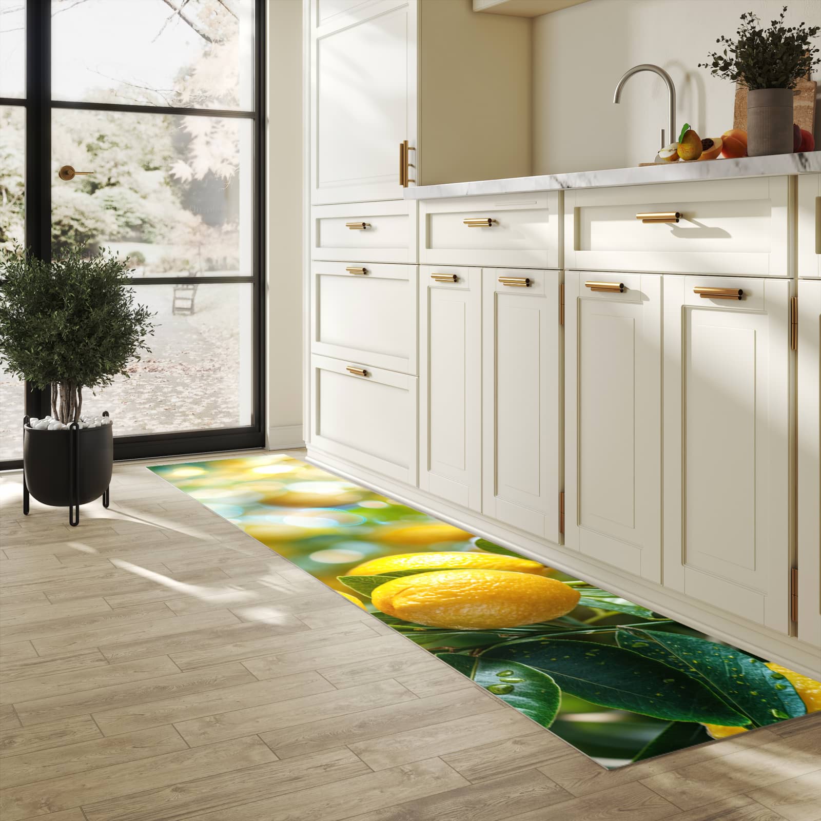 Schmutzabweisender Küchenläufer mit Motiv Zitronenbaumstrauch in heller Küche
