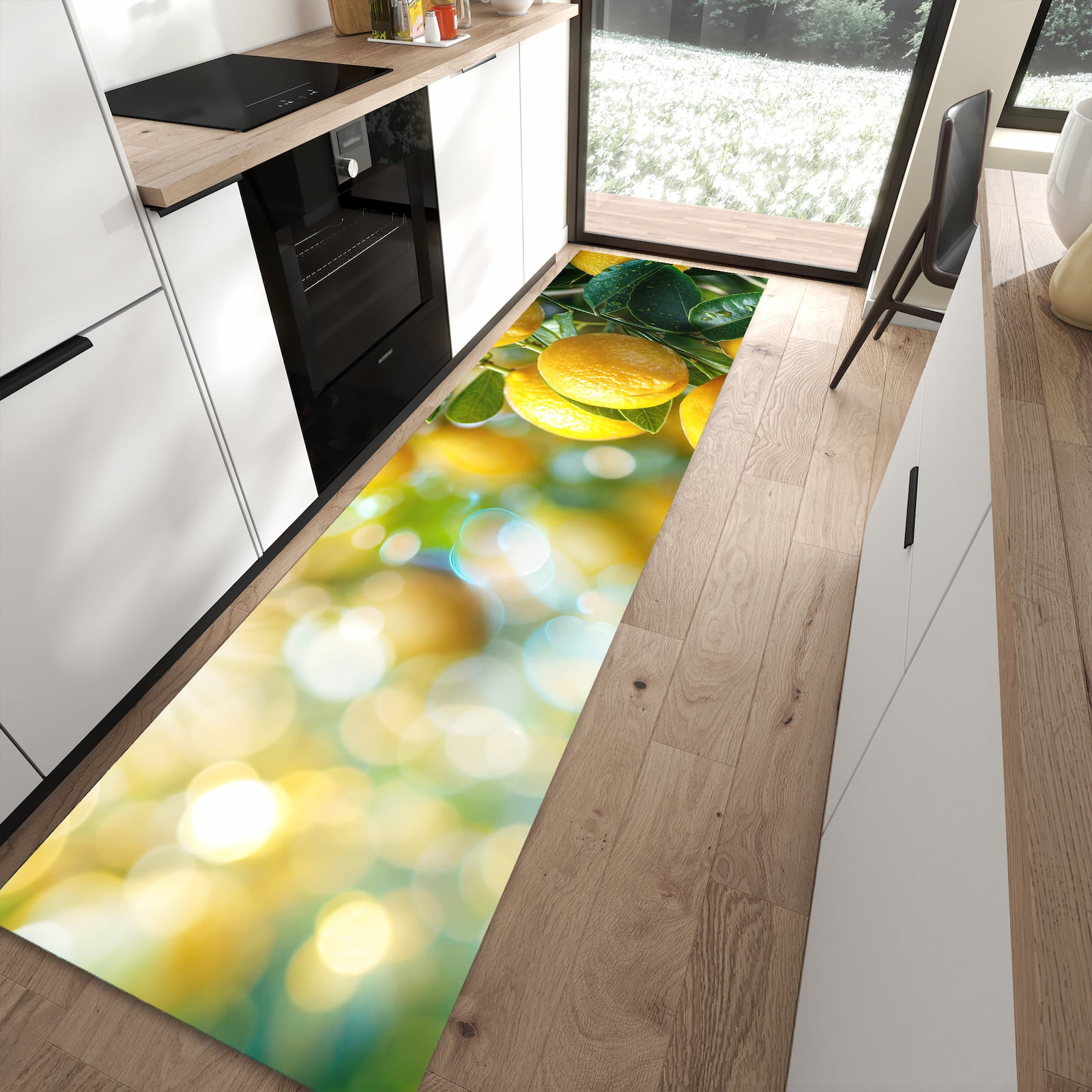 Formstabiler rutschfester Küchenläufer mit Motiv Zitronenbaumstrauch in moderner Küche