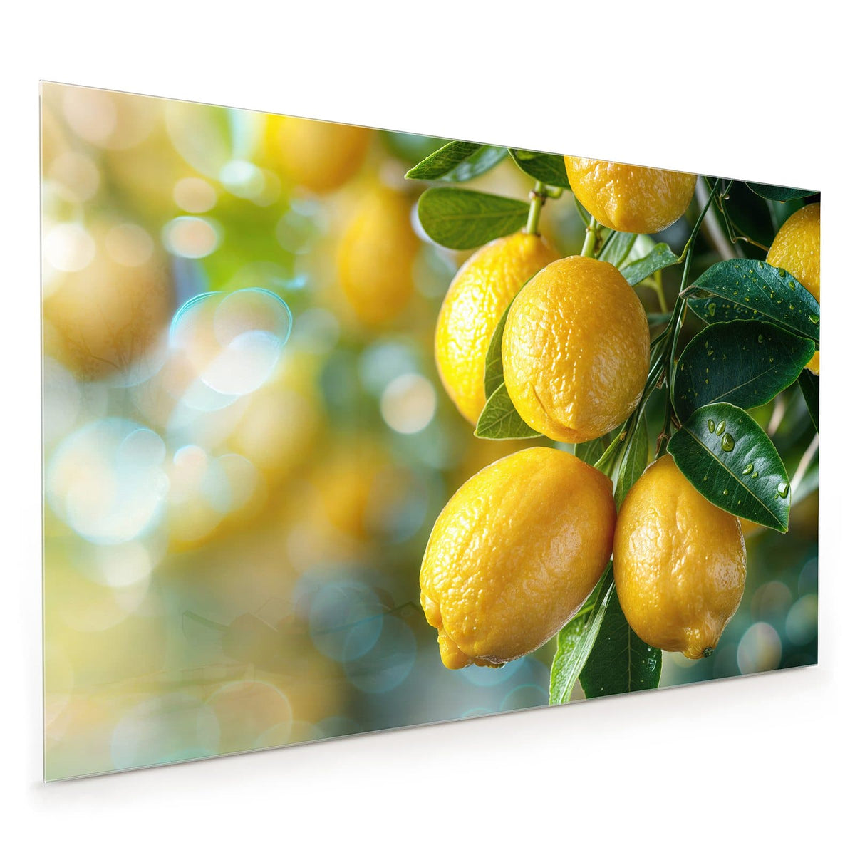 Küchenrückwand aus Glas im Hochformat mit Motiv Zitronen im Blattwerk: Reife Zitronen an belaubten Zweigen mit Wassertropfen vor blau-grünem Bokeh