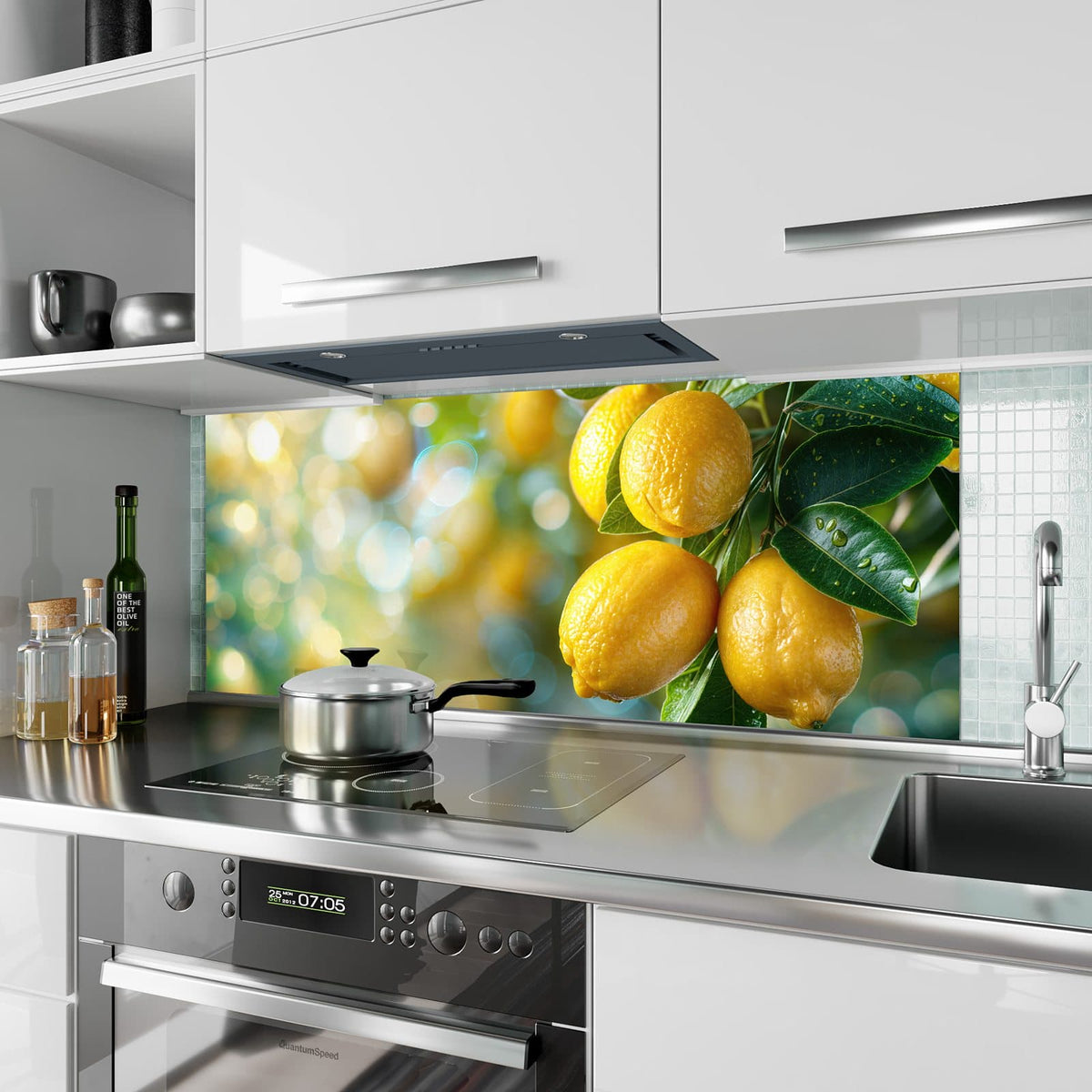 Küchenrückwand Zitronen im Blattwerk aus Glas – Leuchtende Zitronen am Zweig