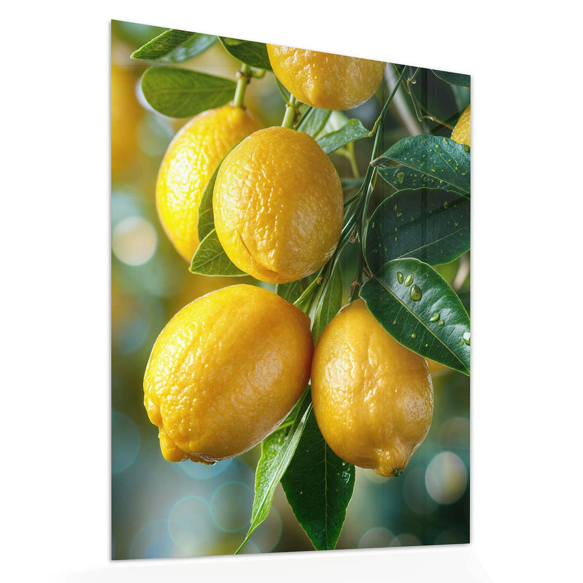 Echtglas, 4 mm – kein Acryl, keine Folie – Wandbild - Zitronen im Blattwerk - Hochformat