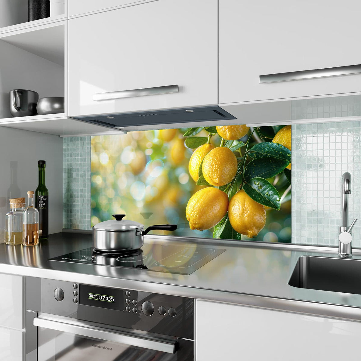Küchenrückwand aus Glas Zitronen im Blattwerk im Hochformat als Spritzschutz hinter dem Kochfeld, über dem Fliesenspiegel montiert