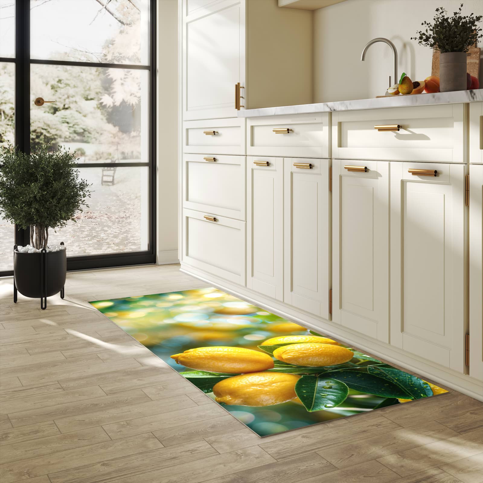 Langlebiger rutschfester Küchenläufer mit Motiv Zitronenbaumstrauch in heller Küche