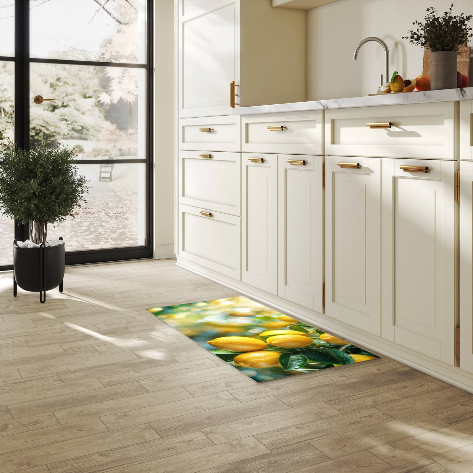 Abriebfester großer Küchenteppich mit Motiv Zitronenbaumstrauch in heller Küche