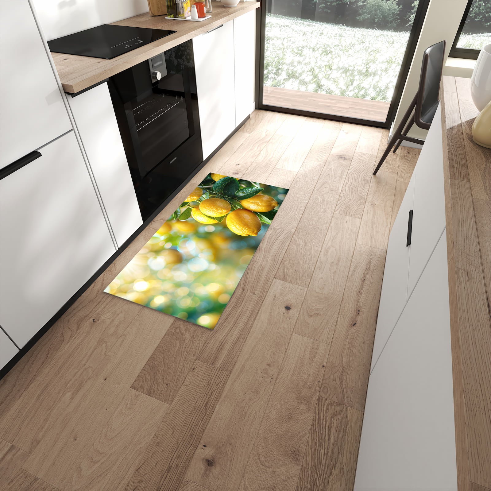 Hygienischer rutschfester Küchenteppich mit Motiv Zitronenbaumstrauch in moderner Küche #grösse_60 x 120 cm