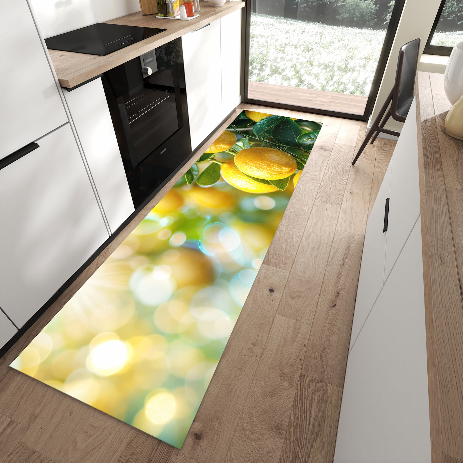 Farbbeständiger waschbarer Küchenläufer mit Motiv Zitronenbaumstrauch in moderner Küche